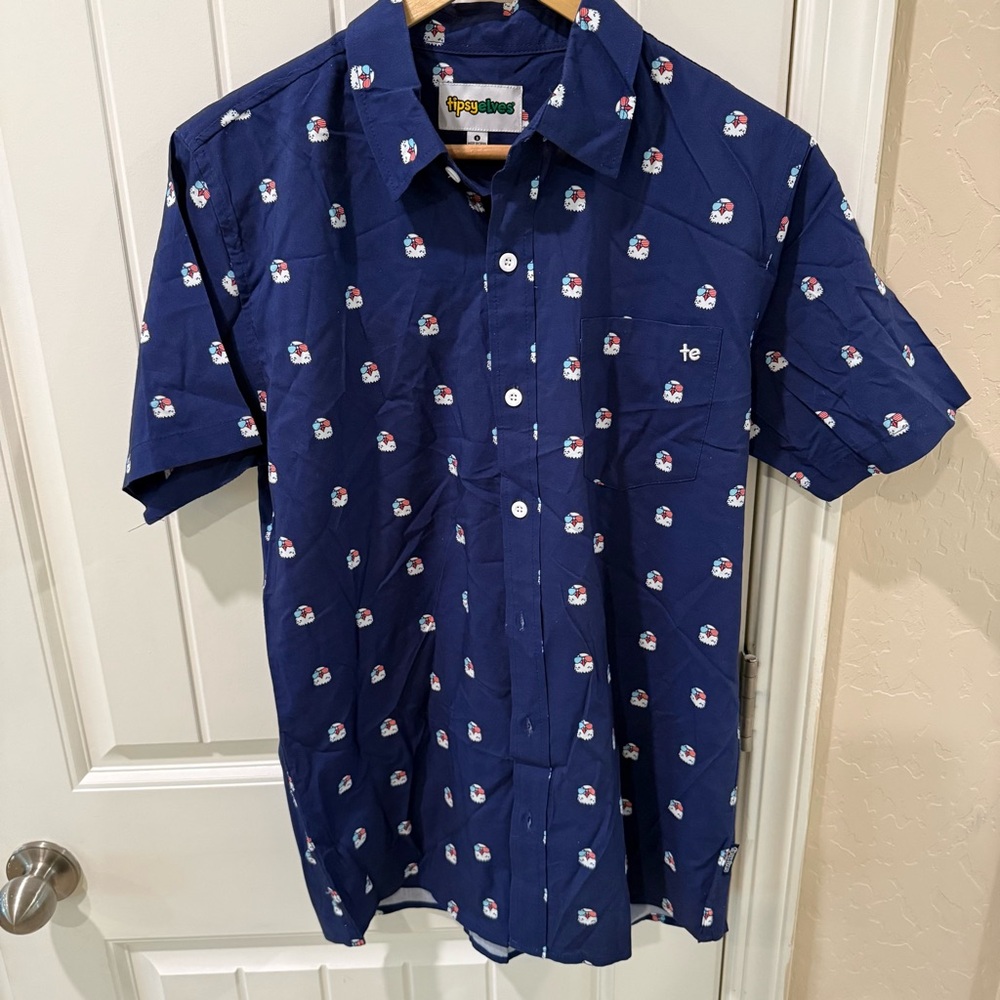 Tipsy Elves Button Up Shirt Mens Small Blue Eagle Print Short Sleeve NWOT